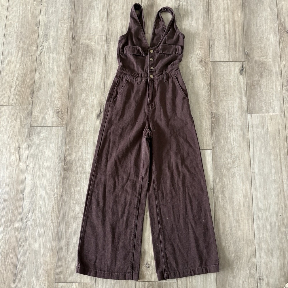 Cider Denim Jumpsuit Womens XXS Brown Wide Leg Deep V-Neck Casual Boho Chic